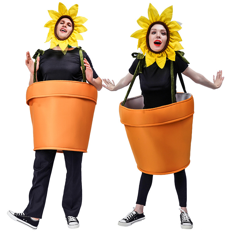 Halloween flower pot costume for adults, cosplay women's sunflower costume with headdress for garden theme party, sunflower