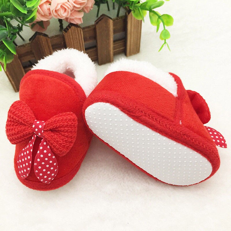 Cute 0-18M Baby Girls Bow Soft Crib Sole Boots Newborn Prewalker Warm Shoes For Infant Pink Red