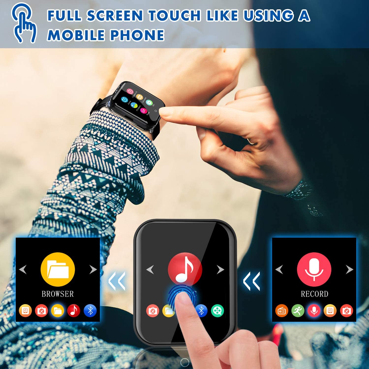 RUIZU MP3 Player Bluetooth M8 Detachable 1.6inch Full Touch Screen 16GB Wearable Music Player,Support External Playback Function