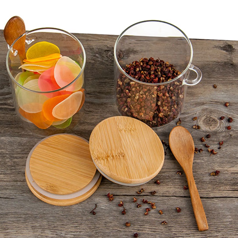 5X Glass Food Airtight Canister Castor Wooden Twist Lid Candy Storage Tank Jar Bamboo Food Container With Wooden Spoon