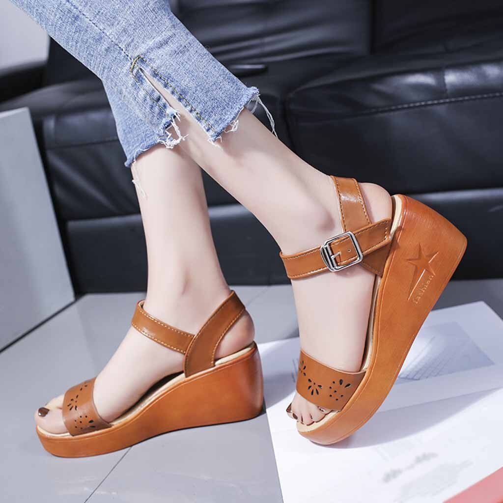 Hollow Wedge Sandals Women Summer Thick-soled Sponge Cake Buckle High-heeled Roman Shoes Woman Platform High Heel Zapatos