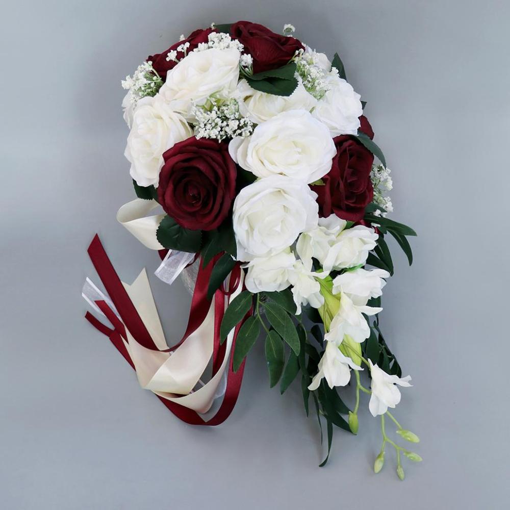 Realistische Bruiloft Bruid Boeket Hand Gebonden Bloem Decoratie Feestartikelen Europese chaise longue rozen bruiloft bloemen: wine and white