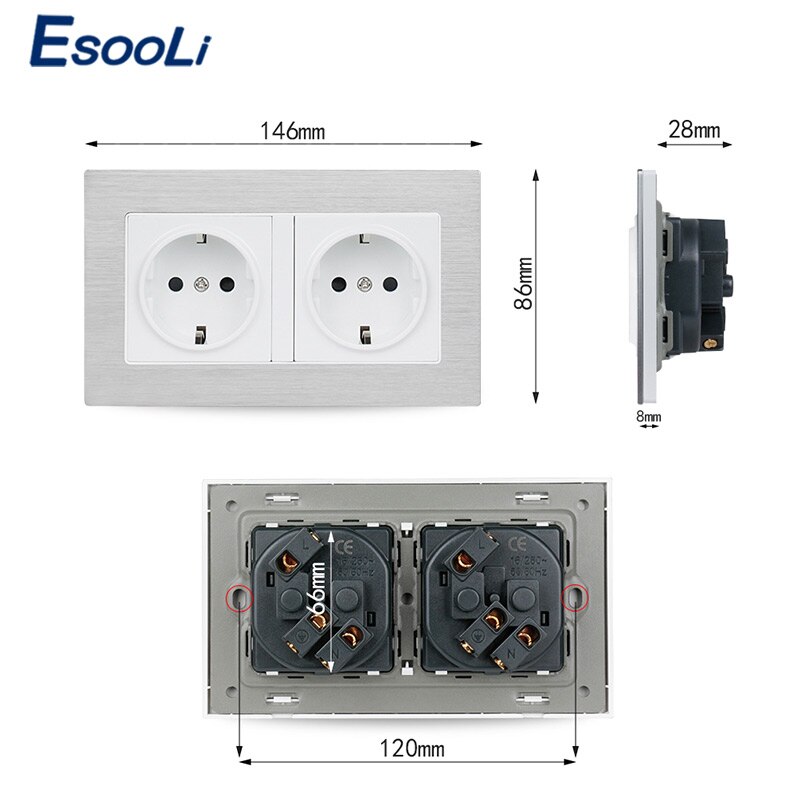 Esooli sort aluminium metalpanel vægstik eu standard stikkontakt 16a eu standard el dobbeltstik 146mm * 86mm
