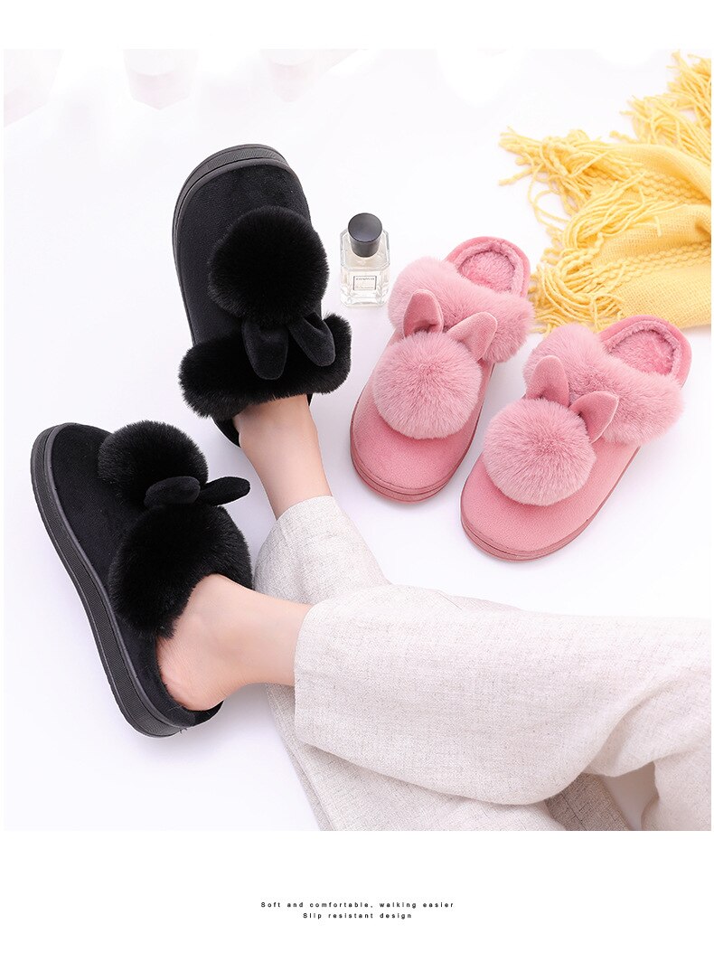 Rabbit Fur Slippers Women Winter Warmth Thickened Sole Indoor Wooden Floor Soft Home Slippers Cotton Shoes Women
