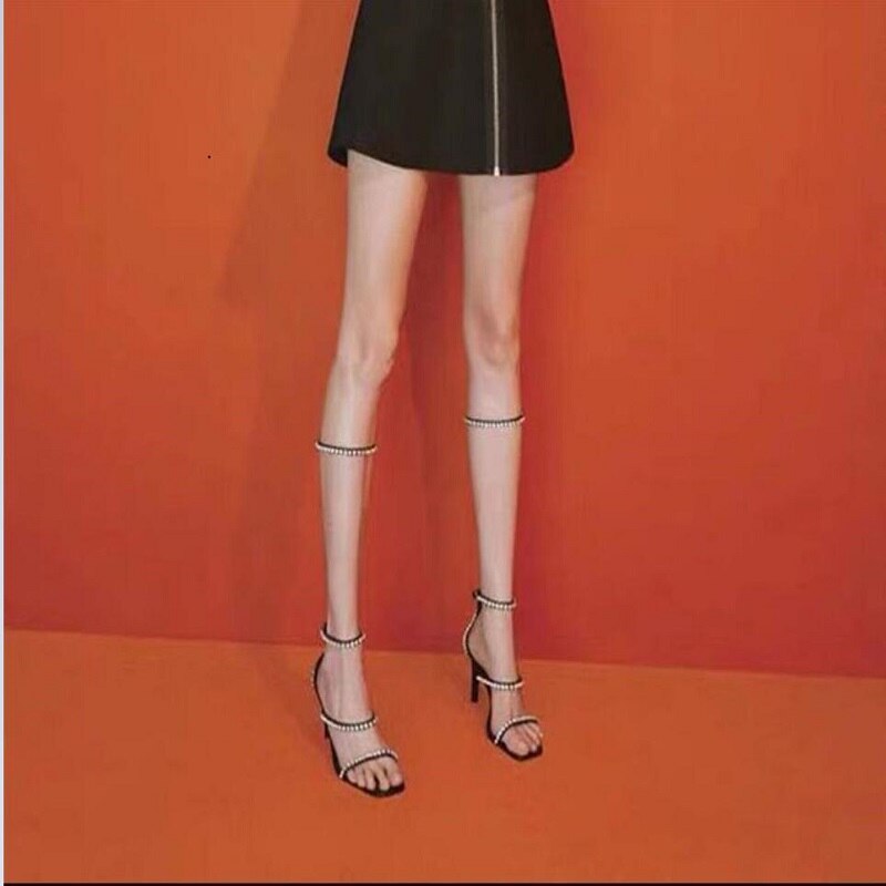 Talon haut tube long sandale fée talon mince chaussure romaine web célébrité eau perceuse tube haut à lacets orteil haut talon femme