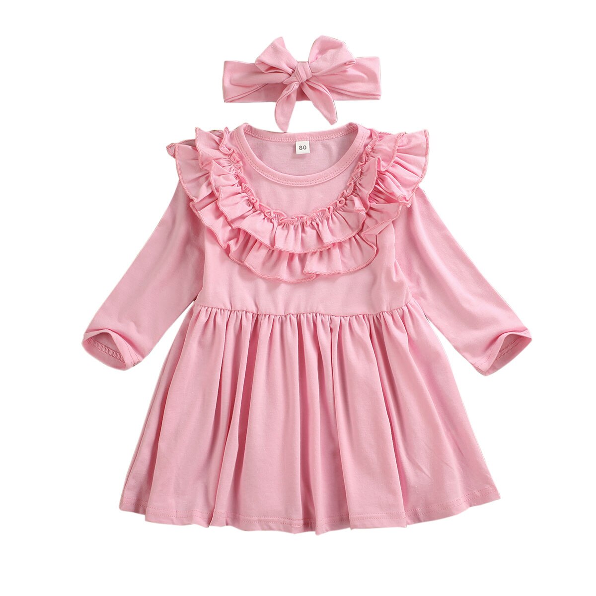1-6T Toddler Kid Baby Girl Dress Solid Ruffle Collar Long Seeve Dress Outfit Sundress With headband: Pink / 2T