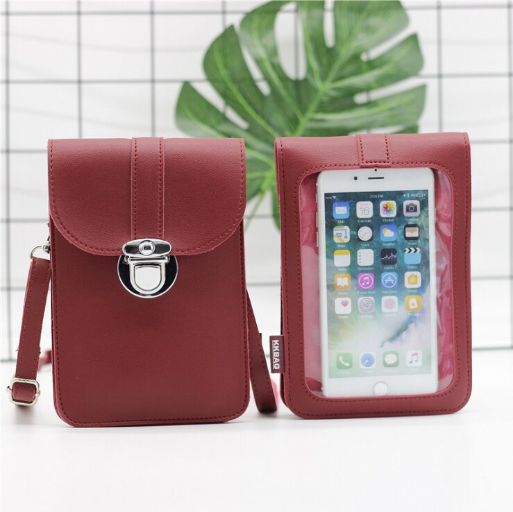 Subin Lederen Mobiele Telefoon Zak Touchscreen Schouder Pocket Portemonnee Pouch Case Neck Strap Met Back Hyaline Membraan: Red