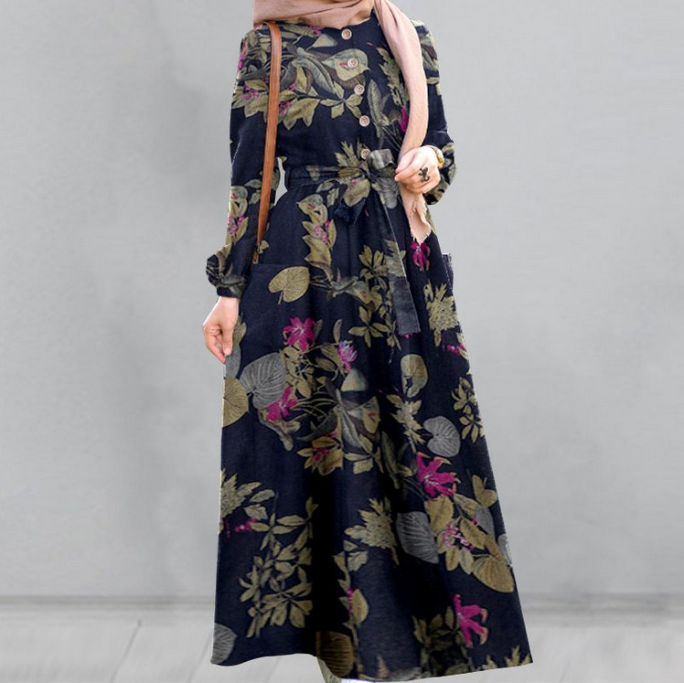 Abayas-vestido largo con estampado de flores para mujer, caftán marroquí, árabe, islámico, musulmán: XXXL / Azul