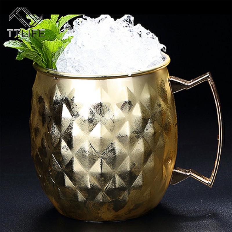 500Ml 304 Roestvrij Staal Single Layer Ananas Cocktail Glas Outer Plating Schuren Drum Type Cup Whisky Wijnglas