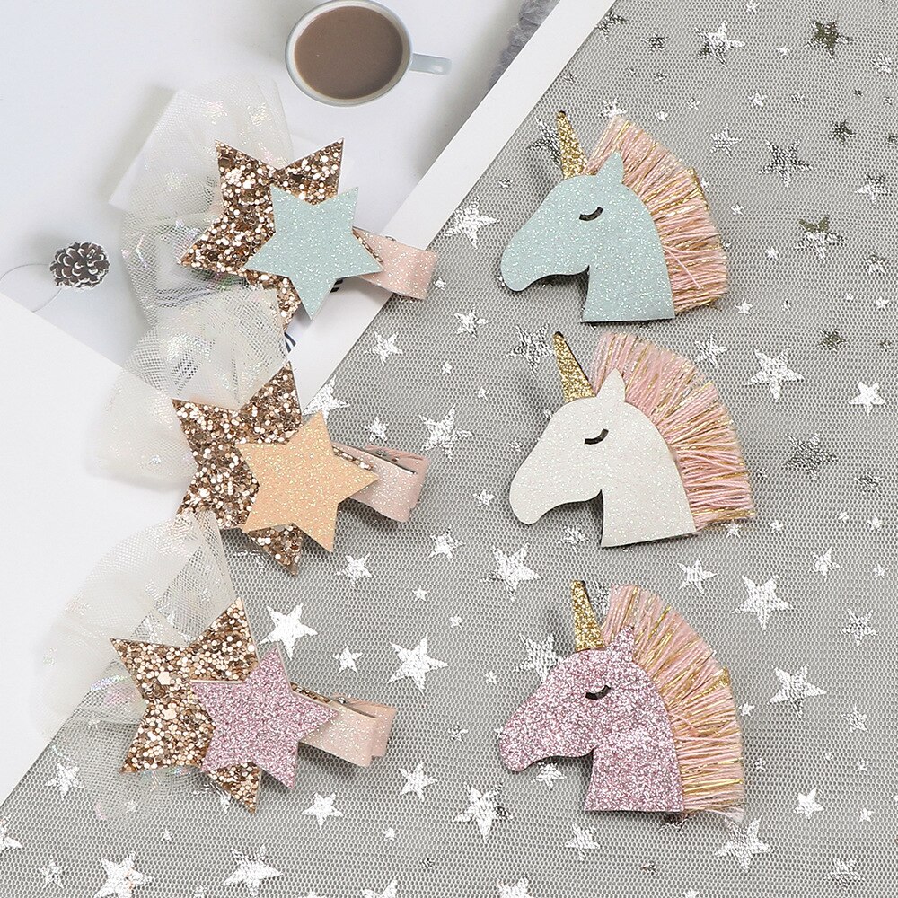 Kids Unicorn Hairpins Glitter Bow Star Hair Clips for Girls Children Headwear Barrettes Little Girl Hair Accessories
