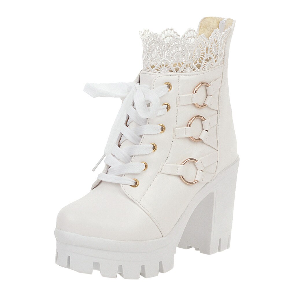 Bota feminina gótica coreana, calçado renda cor pura salto alto moderno inverno sapatos # g4: WHITE / 7,5