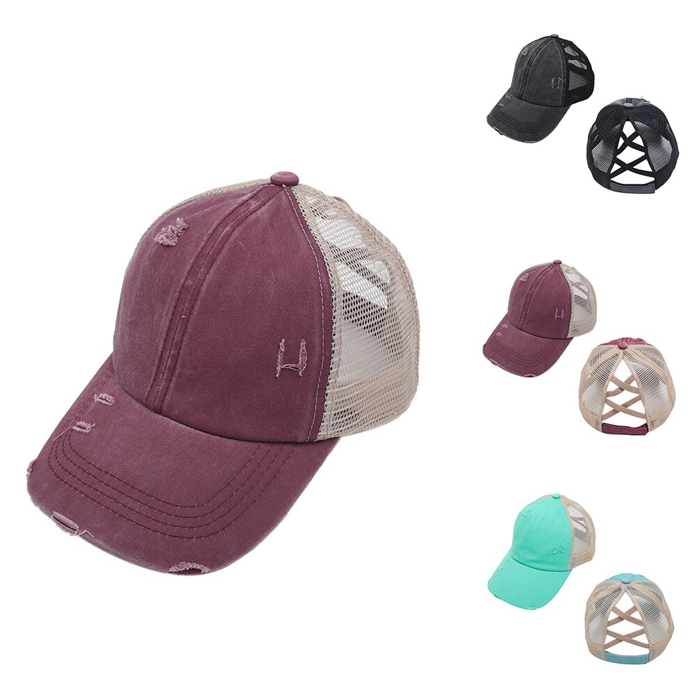 Verstelbare outdoor sport gat casual criss cross paardenstaart mesh zonnehoed reizen magische sticker baseball pet unisex zomer