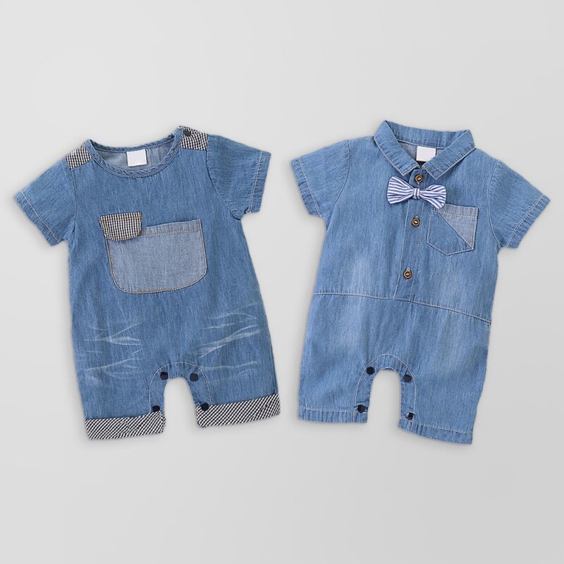 Spædbarn baby dreng denim bukser sød cowboy slips korte ærmer bukser med lomme børn drenge jumpsuit nyfødt tøj 34