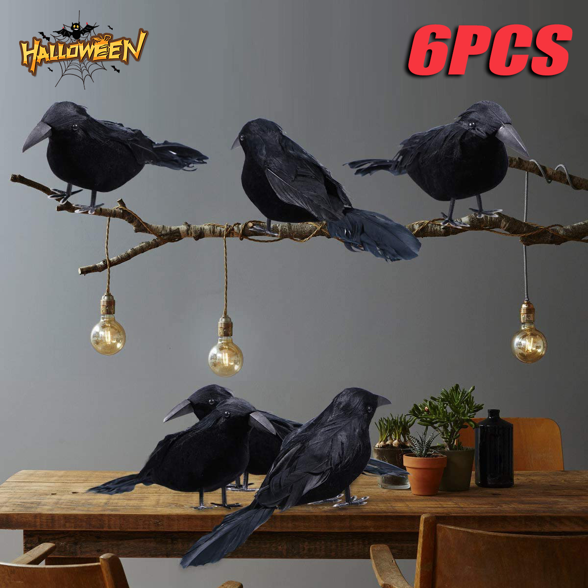 6 st svart fjäderkråka halloween-rekvisita hånlig kråka läskig fjäderdekoration rekvisita halloweenfest läskiga djur skräckrekvisita