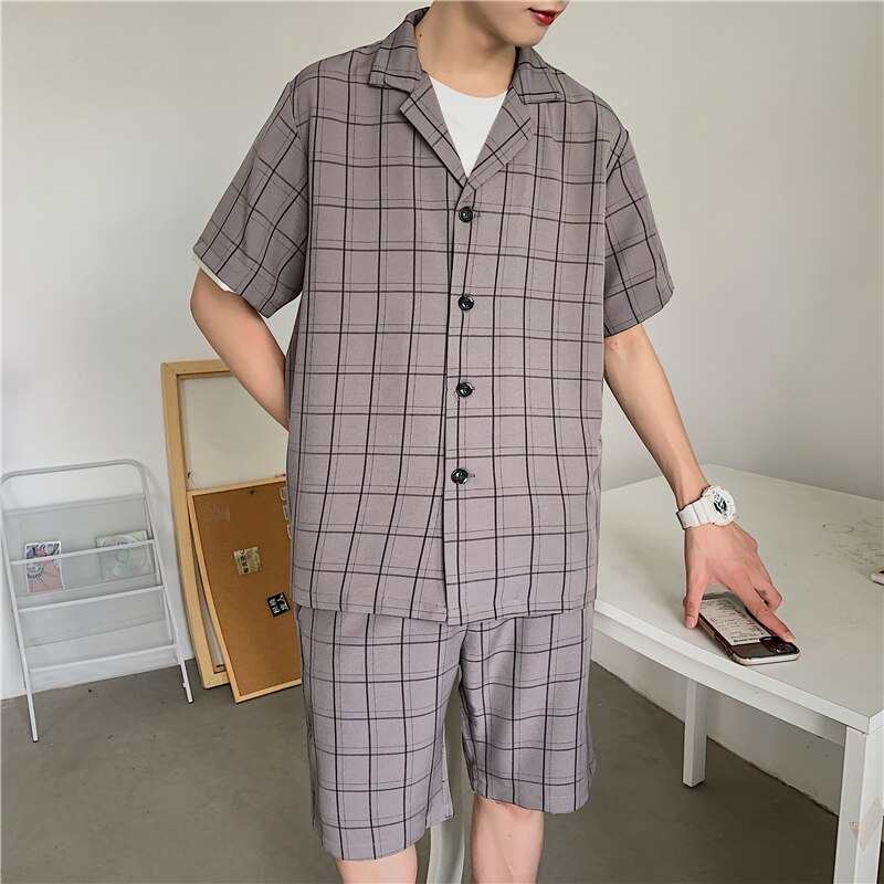 Summer Short-sleeved Shorts Suit Men's Korean Loose Business Casual Plaid Suit Men's Harajuku Streetwear Formal Suit Men