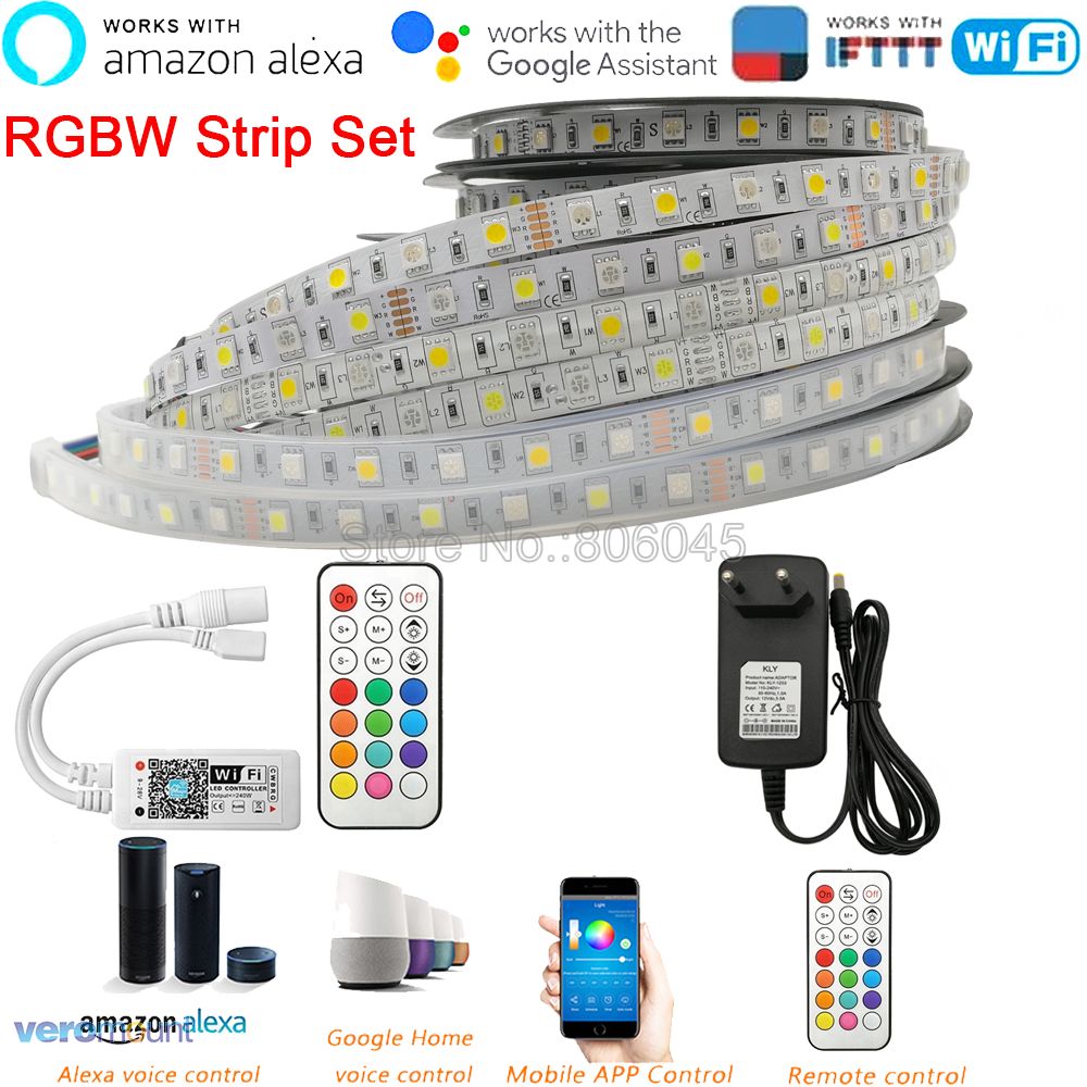 12V 5050 Rgbw Rgbww Led Strip 60Leds/M 5M Met Mini 21Key Rf Wifi Afstandsbediening alexa Google Voice Control + Voeding