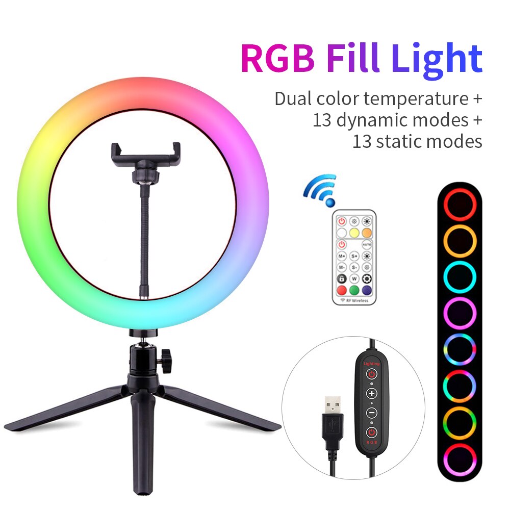 RGB LED Ring Lamp 10 Inch Selfie Ring Light with Tripod Phone Stand Photography Lighting Ringlight for TikTok Video