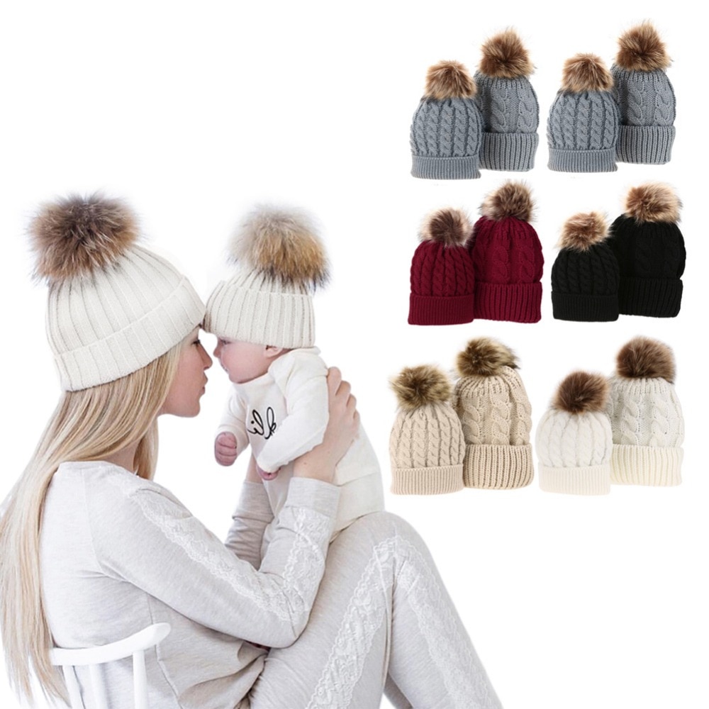 Mom Baby Pompon Hat Winter Beanie Cap Baby Bonnet Mom Kids Hats Knitted Pompon Ball Headwear BP07