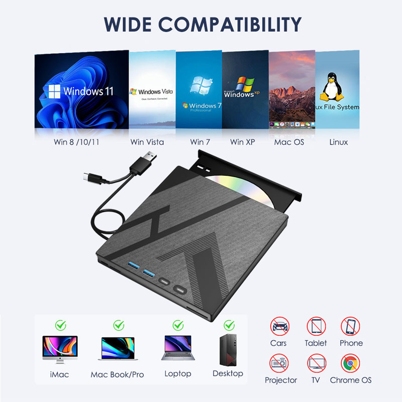 Unità CD DVD esterna con 4 porte USB e slot per schede TF/SD Lettore unità disco CD/DVD portatile Lettore masterizzatore per PC portatile