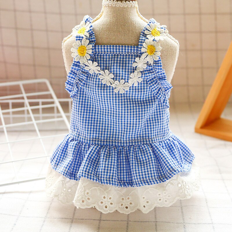 Summer Dog Dress Plaid Clothes For Small Dog Party Dog Skirt Puppy Flower Lace 3 Color XS S M L XL: Blue / L