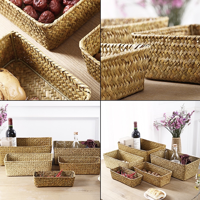 Panier rectangulaire en jonc de mer avec cadre en fer, boîte de rangement de linge en osier tissé, organisateur de vêtements divers, décoration de maison