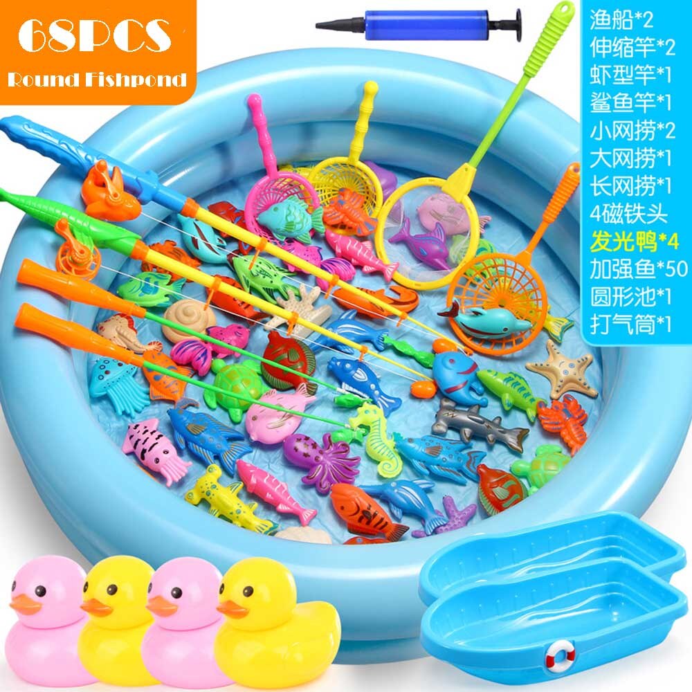 15-68PCS Kids Magnetic Fishing Toy Set Baby Water Toys with Inflatable Pool Magnet Fishing Rod Classic Toys for Children: 68pcs round pool