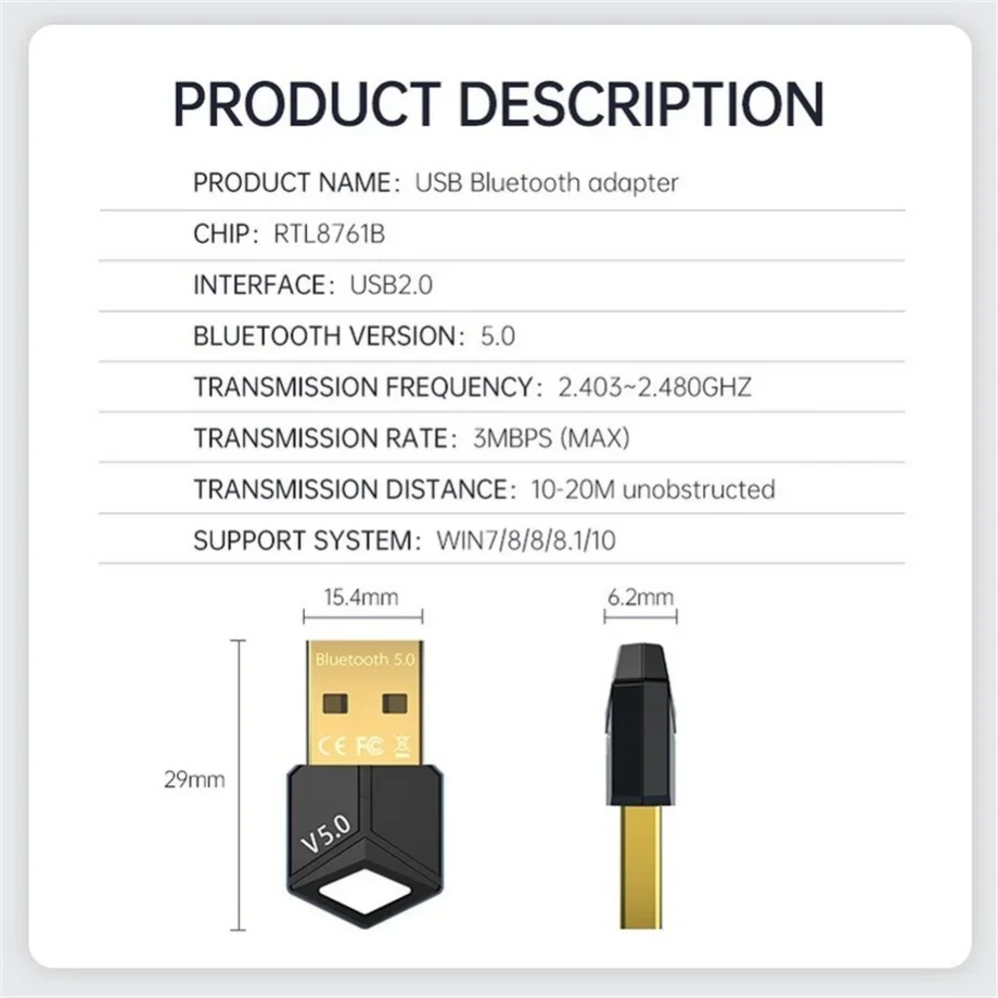 USB Dongle Bluetooth 5.0 Adapter Receiver Wireless Low Latency Music Mini Bluthooth Transmitter For PC/File Transfer RTL8761B