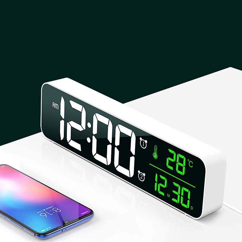 Long Music LED Digital Alarm Clock Mirror Clocks Temperature Date Display Desktop Home Table Decoration Electronic Clock: White-A