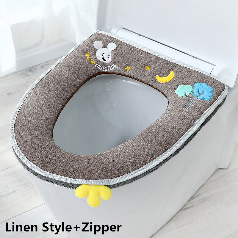 Home Four Seasons Toilet Cover Sitting Washer Washable Zipper Toilet Cover Universal Waterproof And Cute Toilet pad Plush/linen: Linen brown mouse