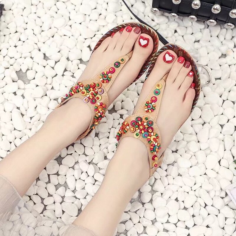 Sandalen Vrouwelijke Zomer Explosie Modellen Bohemian Zoete Agaat Handgemaakte Kralen Visgraat Pin Platte Leuke Strand Schoenen