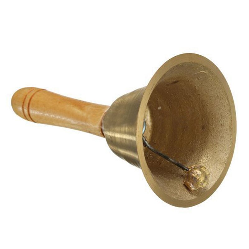 Solid Brass Wooden Handle School Reception Dinner Wood Shop Hotel Hand Bell Gold