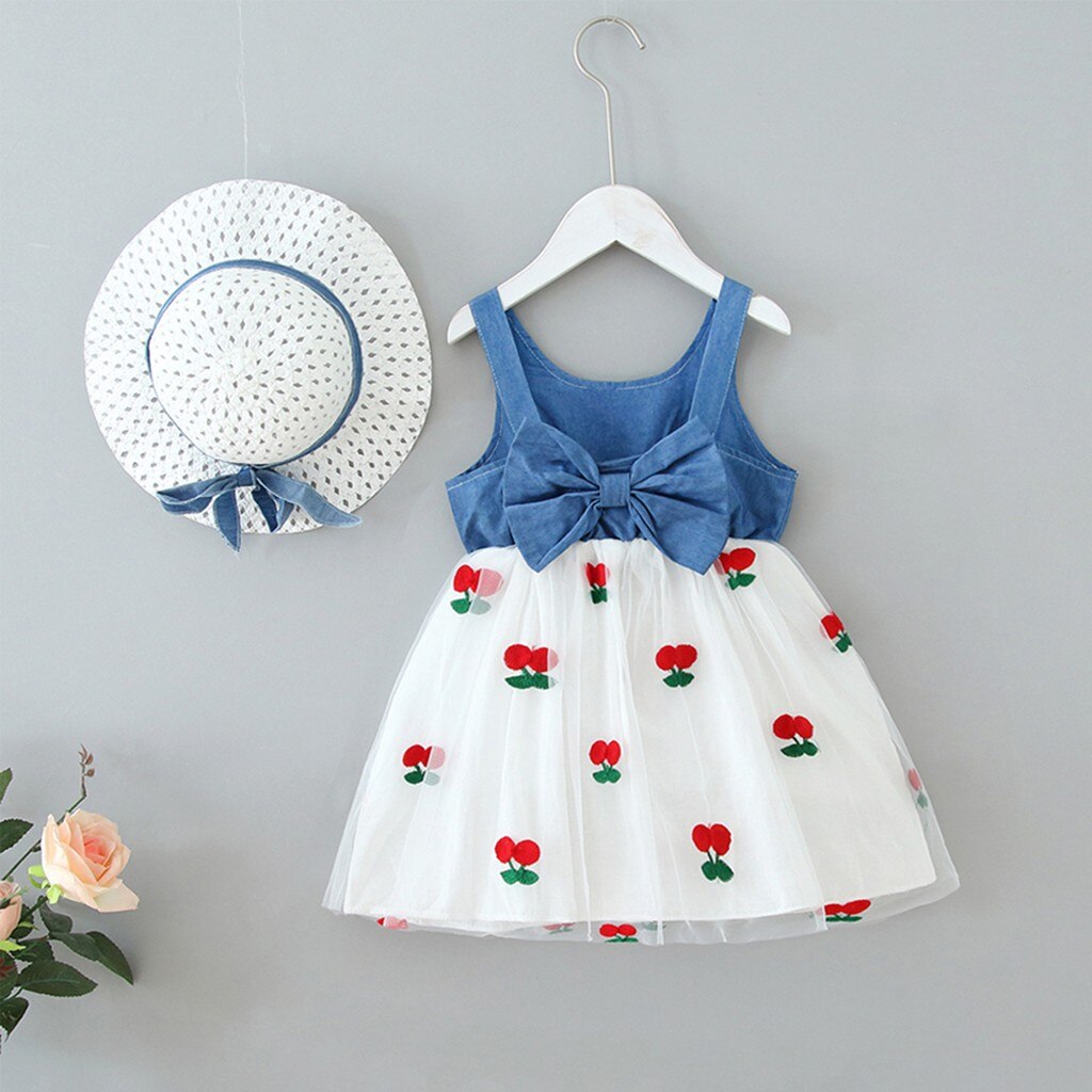 Baby Meisje Kleding Jurk Mouwloos Denim Splicing Gaas Print Bow Jurk + Hat Outfit Set Kinderkleding Meisjes Abbigliamento Bambino