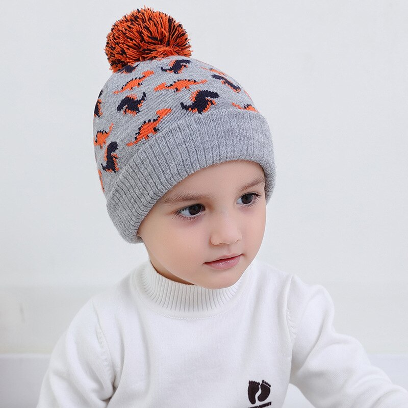 Dinosaurie mössa pojke vinter stickad mössa grå pompom skidåkning utomhus tillbehör för baby barn