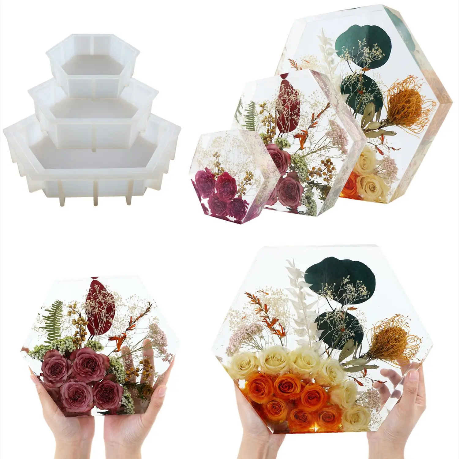 DIY Book Pillow Crystal Epoxy Resin Mold Various Sizes Large Geometry Hexagon Mirror Silicone Mould