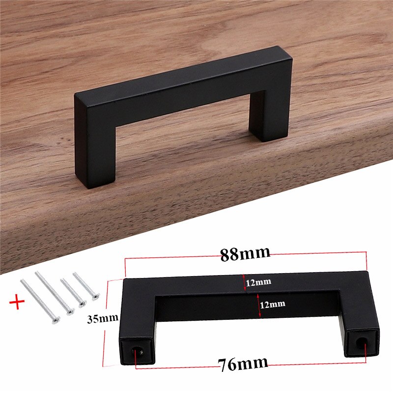 Modern Black Cabinet Handle Square Furniture Hardware Stainless Steel Kitchen Door Knobs Cupboard Wardrobe Drawer Pulls: 76mm