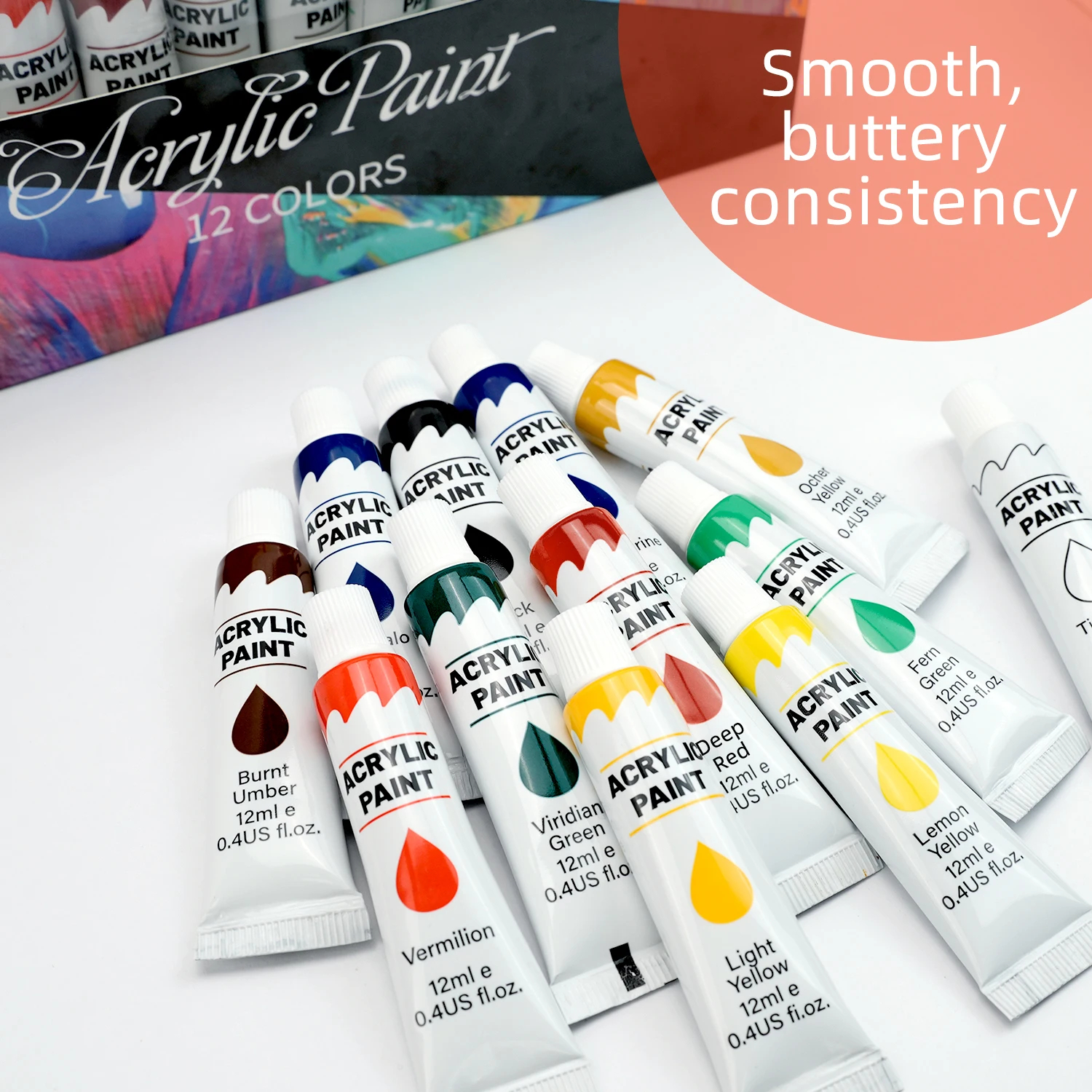 Acrylfarben-Set – 12/24 Farben, 12 ml, Kunst-Malset, Zubehör für Holz, Leinwand, Stoff, Stein, Glas – ungiftige Acrylfarbe