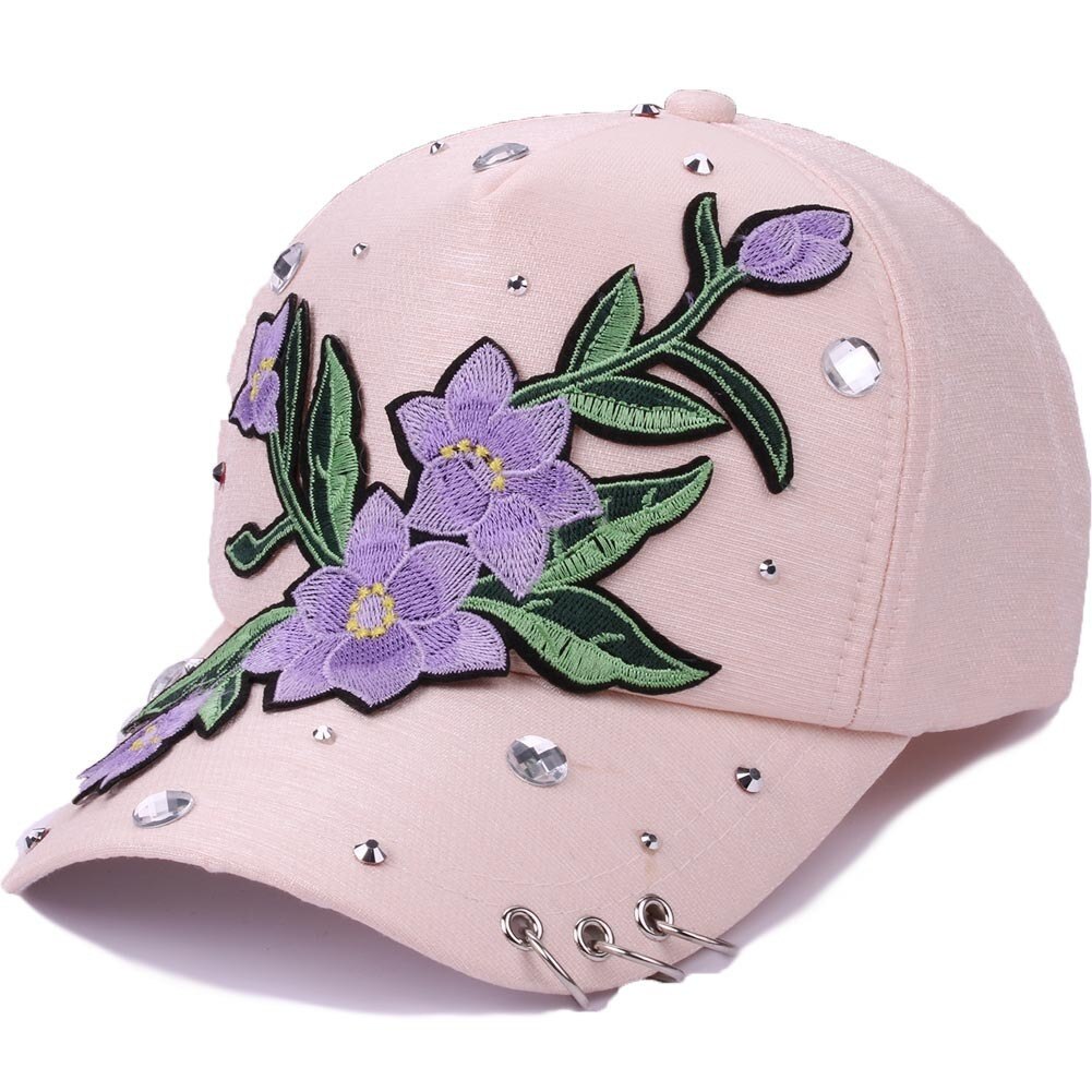 Gorra de béisbol de Hip-hop para mujer, gorra de béisbol con bordado de flores rosas, gorra de béisbol con diamantes de imitación de diamante, gorra ajustable de talla grande para mujer