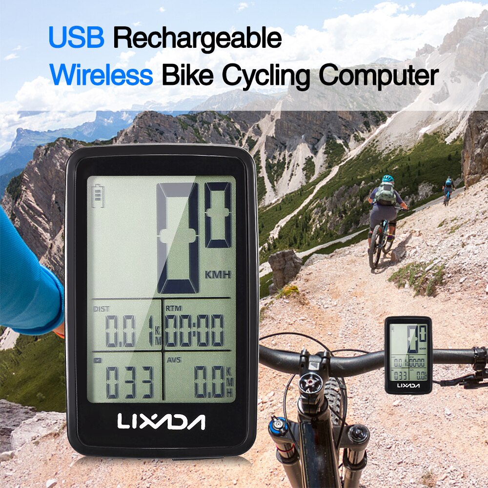 Lixada USB Rechargeable Wireless Bike Cycling Computer Bicycle Speedometer Odometer Backlight LCD Display 120mAh Lithium Battery