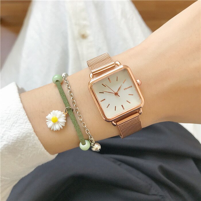Vrouwen Mode Vierkante Horloges Minimalistische Dames Quartz Wrsitwatches Ulzzang Goud Zilver Rvs Mesh Band Klok: Gold white