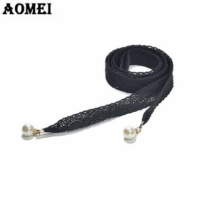 Cinturón de cintura de encaje blanco y negro para mujer, con cuentas de perlas y acrílico para vestido de , cinturón de cadena para mujer: Black and Pearl Bead