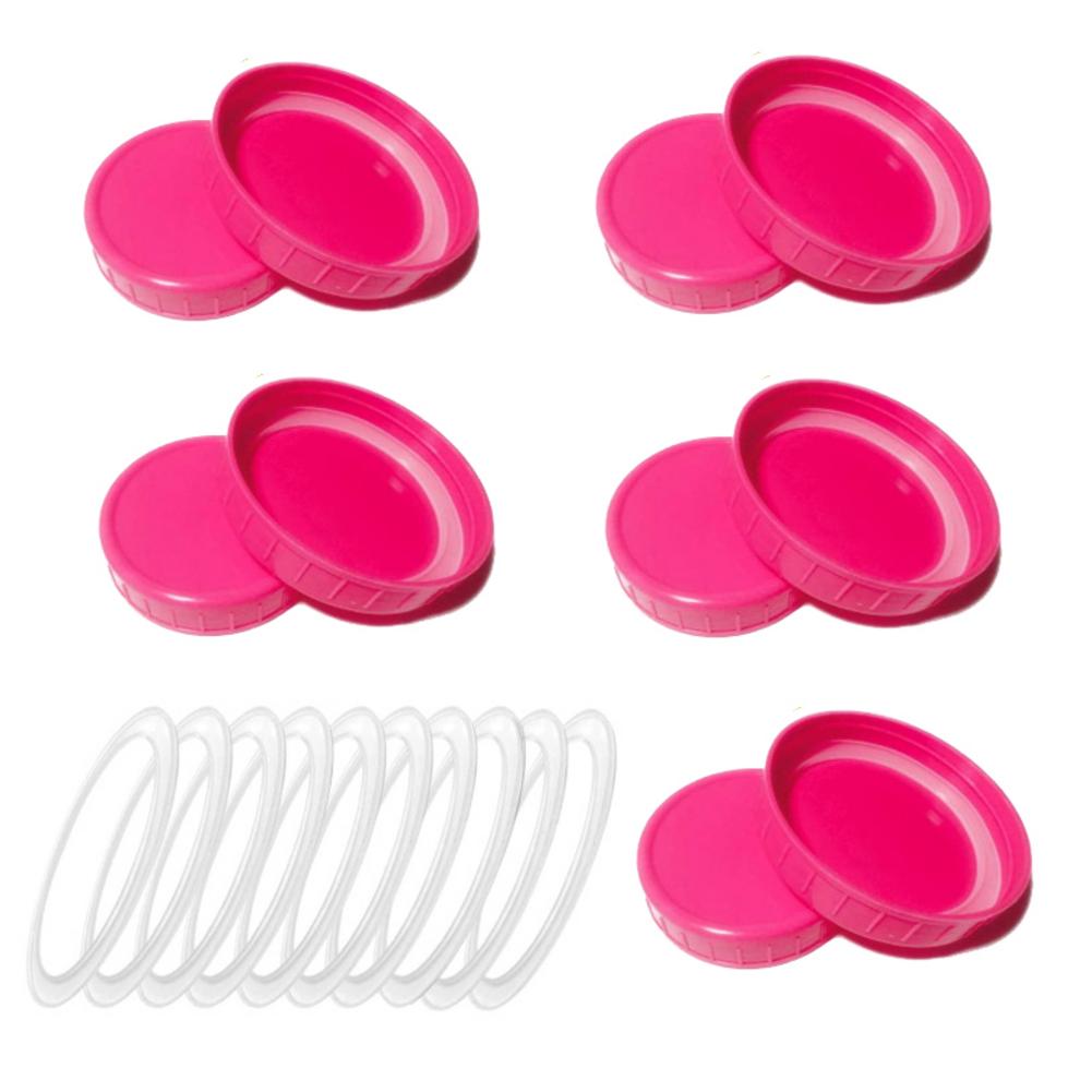 Tapa de tarro de plástico de 10 Uds con anillo de sellado de silicona y tapa de botella de almacenamiento de Color tapa de botella con boca Regular herramienta de cocina: 70mm rose red