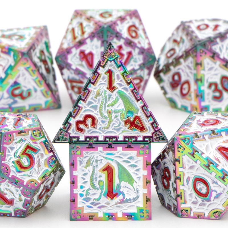 Set di dadi Dnd in metallo bianco arcobaleno 7 pezzi RPG poliedrico D &amp; D D + D prigione e drago D20 D12 D10 D % D8 D6 D4 gioco di ruolo