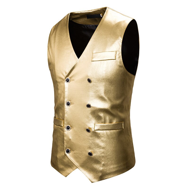 Męskie złoto powlekane metaliczny gotycki steampunk garnitur kamizelka 2020 marka podwójnie zapinana kamizelka kamizelka mężczyźni etap piosenkarka Prom kostium XXL: gold / S