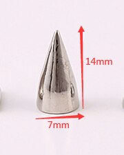 Conjunto de tachuelas de cono de plata y pinchos DIY, manualidades, remaches Punk para ropa, bolso, zapatos, cuero, manualidades, manualidades, 100: 7x14mm
