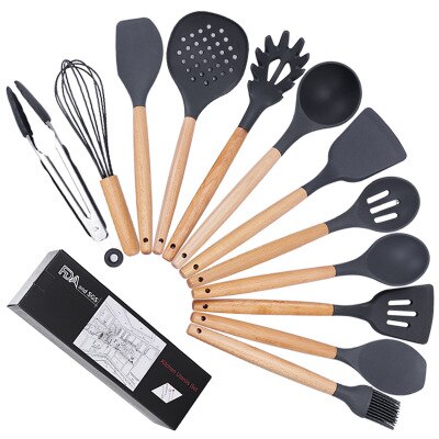 11pcs Silicone wooden handle kitchen utensils non-stick pan shovel tool set soup ladle cooking kitchen tool silicone kitchen: 11pcs
