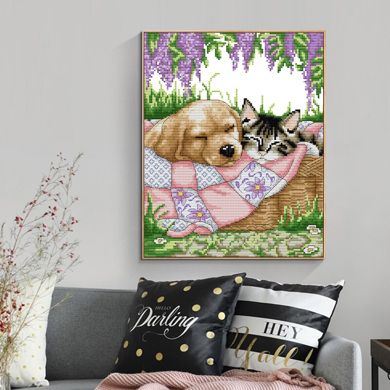Sleeping cats and dogs DIY animal pattern cross stitch 14CT 11CT embroidery kits count canvas fabric needlework set home decor