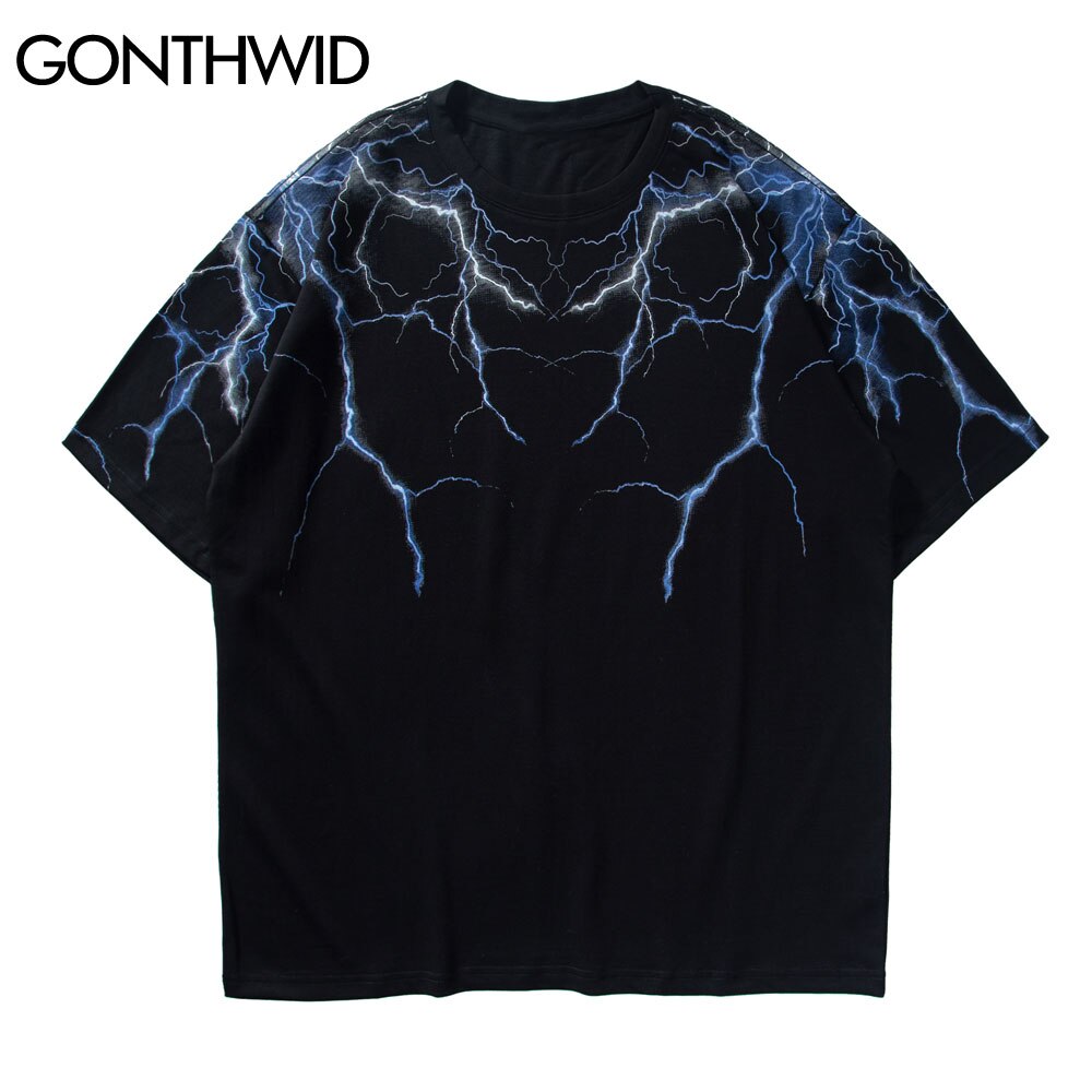 GONTHWID Hip Hop Lightning Print Short Sleeve T Shirts Streetwear Hipster Casual Punk Rock Tees Shirts Harajuku Men Tops