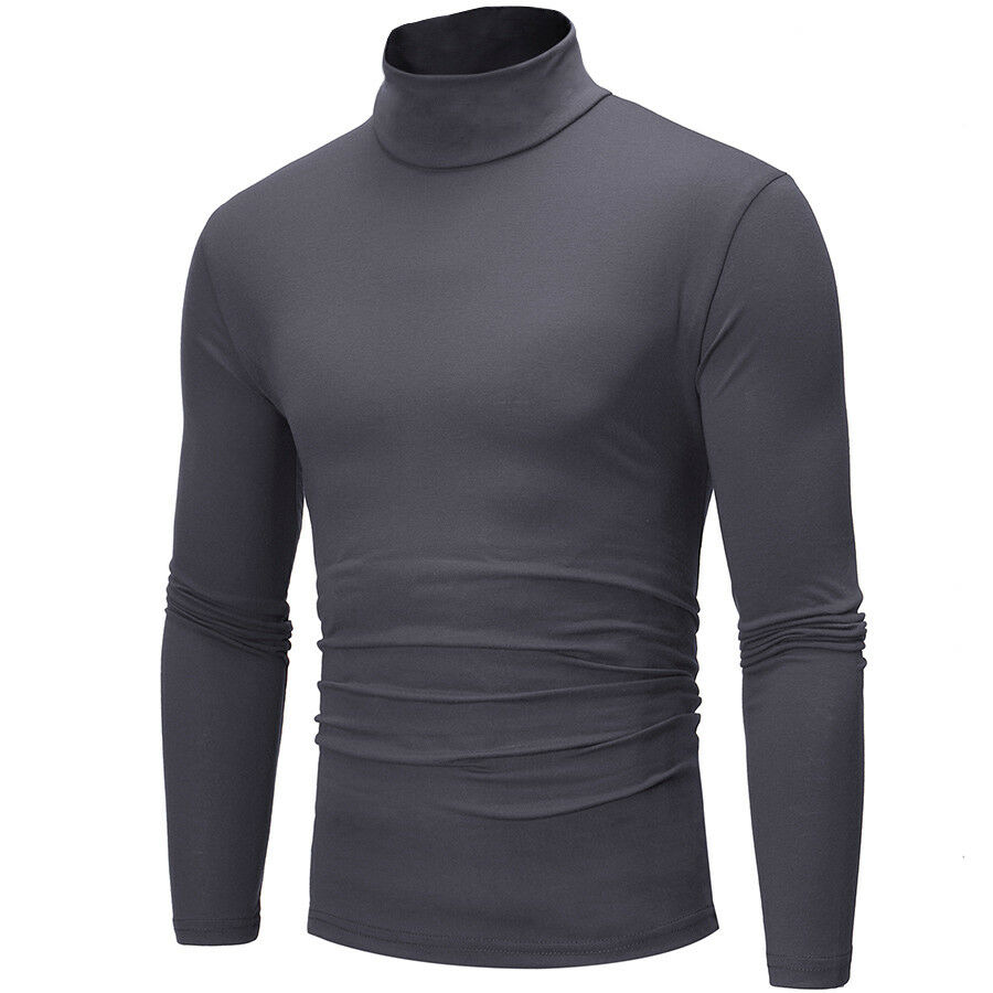 T-shirt manches longues col montant homme col roulé tricoté en coton thermique, sous-vêtement pour homme, , pour l'hiver, hauts pour hommes: Gris foncé / L