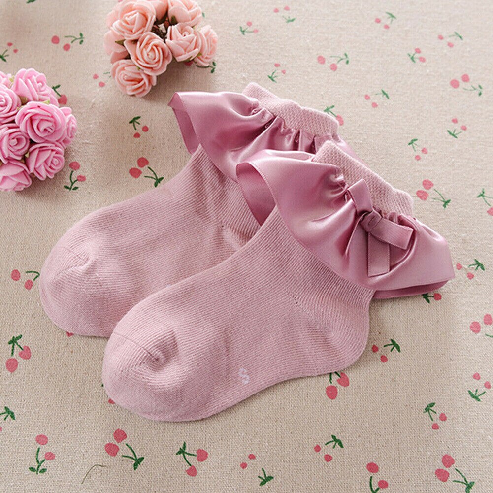 Baby Meisjes Kids Katoen Kant Ruche Strik Sokken Ademend Tutu Stroken Enkel Herfst Anti Slip Solid Novelty Accessoires 2-8Y: Paars / 4T to 6T