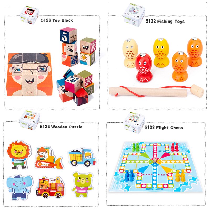 Baby Kids Cognitie Puzzels Speelgoed Peuter Ijzeren Doos Matching Game 3D Houten Puzzel Domino Gyro Sets Voor Kinderen Cognitieve